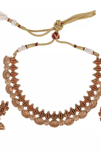 Traditional flower and rudhraksh design gold plated choker necklace set for women