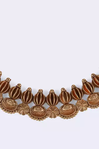 Traditional flower and rudhraksh design gold plated choker necklace set for women