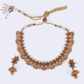 Traditional flower and rudhraksh design gold plated choker necklace set for women 5