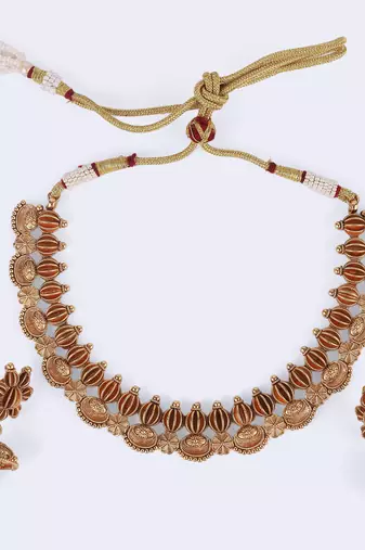 Traditional flower and rudhraksh design gold plated choker necklace set for women