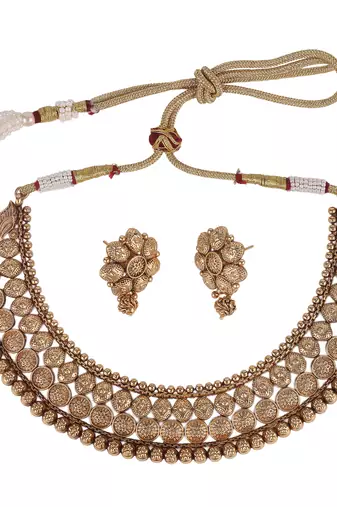 Traditional round and flower design gold plated choker necklace set for women