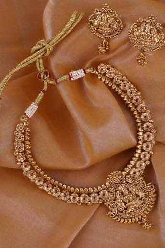 Traditional laxmi and flower design gold plated choker necklace set for women