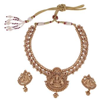 Traditional laxmi and flower design gold plated choker necklace set for women 2