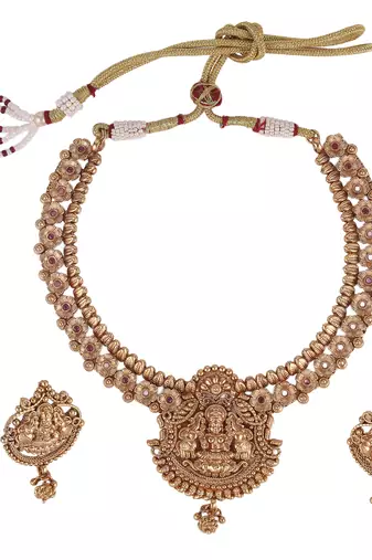 Traditional laxmi and flower design gold plated choker necklace set for women