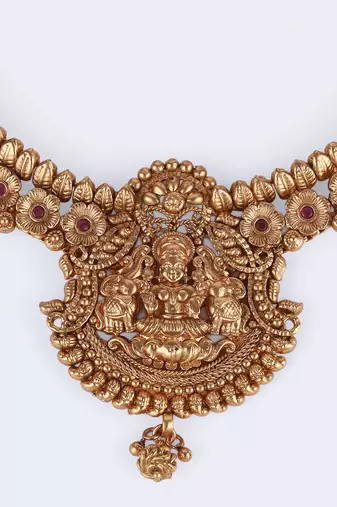 Traditional laxmi and flower design gold plated choker necklace set for women