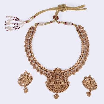 Traditional laxmi and flower design gold plated choker necklace set for women 5