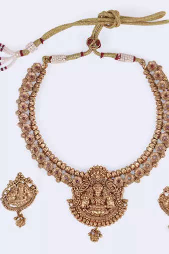 Traditional laxmi and flower design gold plated choker necklace set for women