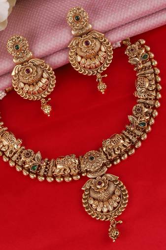 Traditional leaf flower and elephant shape gold plated choker necklace set for women
