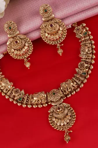 Traditional leaf flower and elephant shape gold plated choker necklace set for women