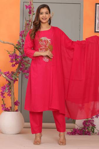 Red Embroidered Cotton Kurta and Pant Set with Dupatta