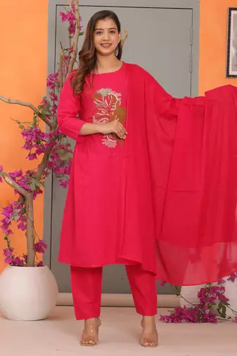 Red Embroidered Cotton Kurta and Pant Set with Dupatta