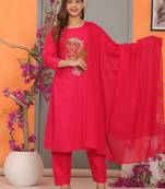 Red Embroidered Cotton Kurta and Pant Set with Dupatta