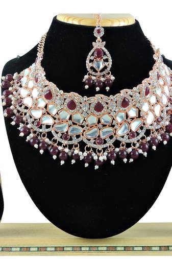 Maroon designer function wear ad necklace set