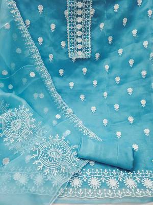 Women's sky blue embroidered dress material 3