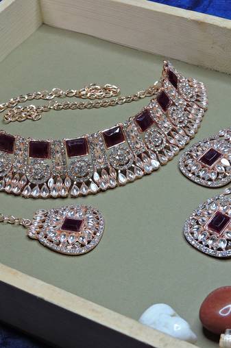 Maroon designer function wear ad necklace set
