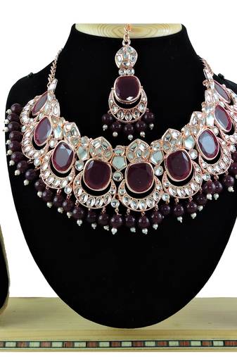 Maroon designer function wear ad necklace set