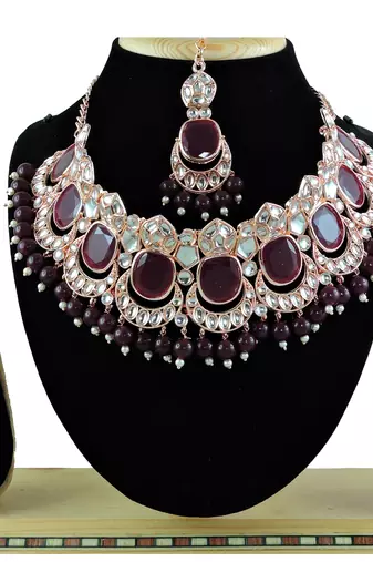 Maroon designer function wear ad necklace set
