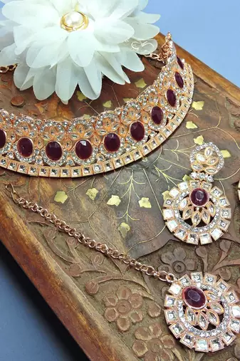 Maroon designer function wear ad necklace set