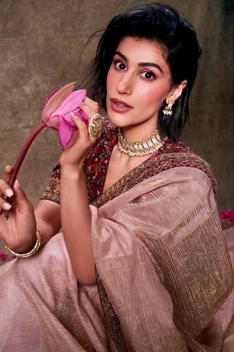 Light Peach Sequins And Cording Embroidered Twil Net With Banarasi Crush Saree