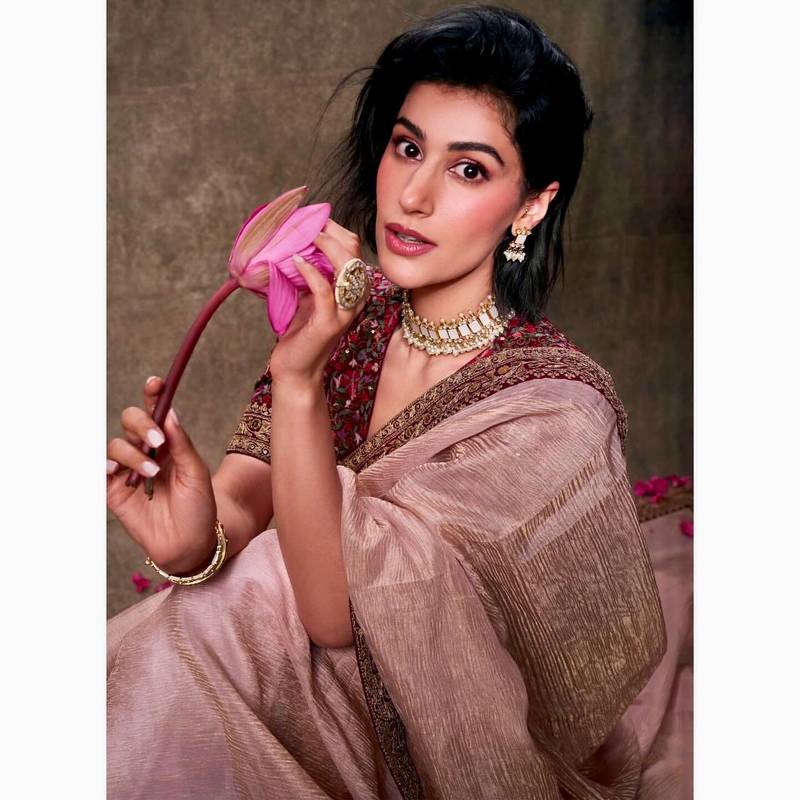 Light Peach Sequins And Cording Embroidered Twil Net With Banarasi Crush Saree
