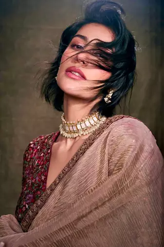 Light Peach Sequins And Cording Embroidered Twil Net With Banarasi Crush Saree