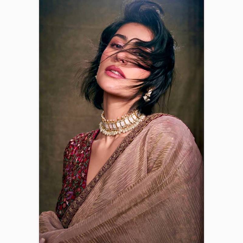 Light Peach Sequins And Cording Embroidered Twil Net With Banarasi Crush Saree