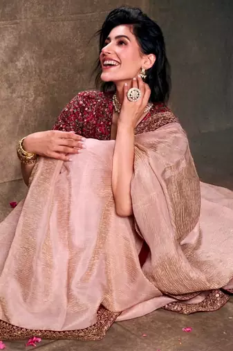 Light Peach Sequins And Cording Embroidered Twil Net With Banarasi Crush Saree