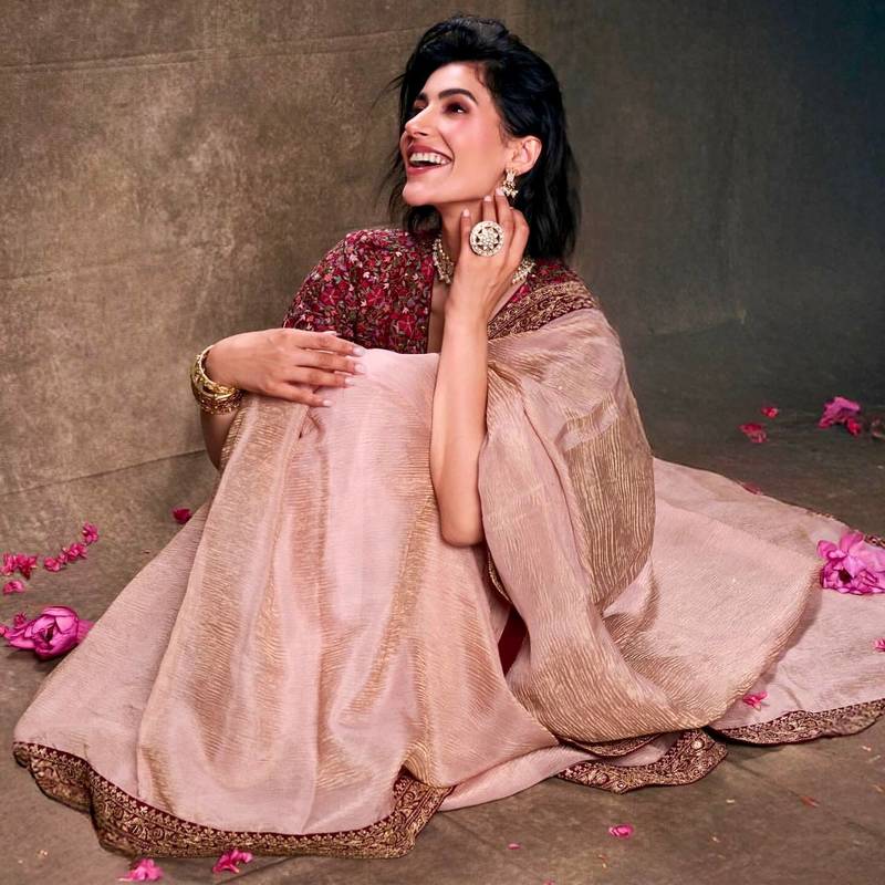 Light Peach Sequins And Cording Embroidered Twil Net With Banarasi Crush Saree