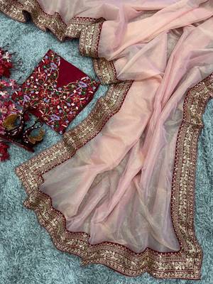 Light Peach Sequins And Cording Embroidered Twil Net With Banarasi Crush Saree 4