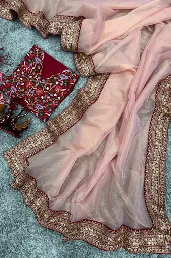 Light Peach Sequins And Cording Embroidered Twil Net With Banarasi Crush Saree