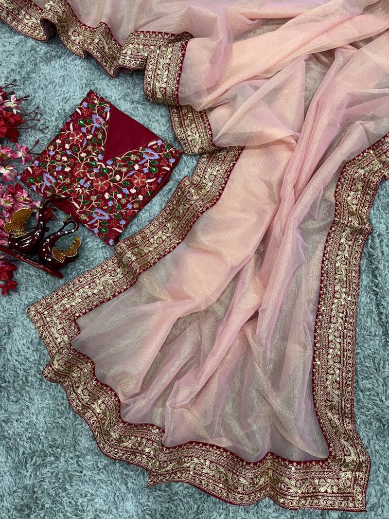 Light Peach Sequins And Cording Embroidered Twil Net With Banarasi Crush Saree