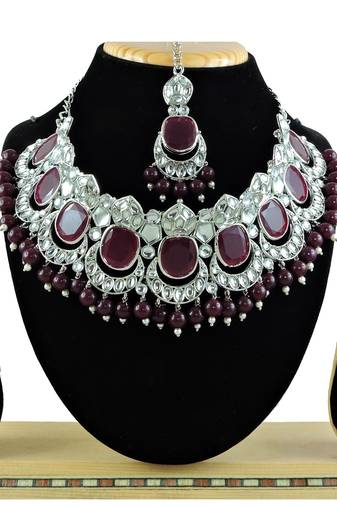 Maroon designer function wear ad necklace set