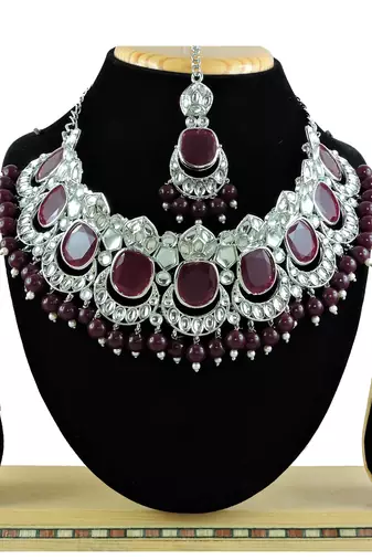 Maroon designer function wear ad necklace set