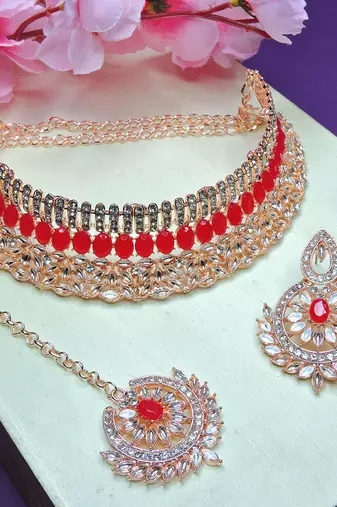 Red designer function wear ad necklace set