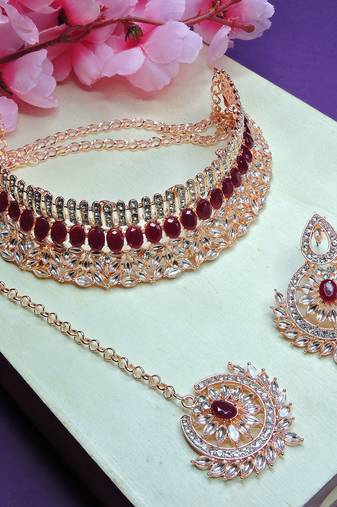 Maroon designer function wear ad necklace set
