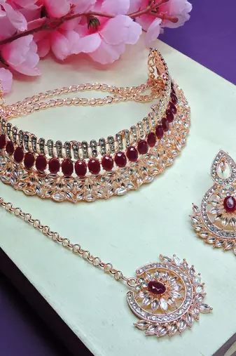 Maroon designer function wear ad necklace set