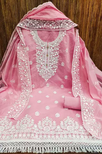 Women's pink embroidered dress material