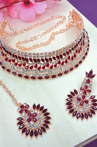 Maroon designer function wear ad necklace set