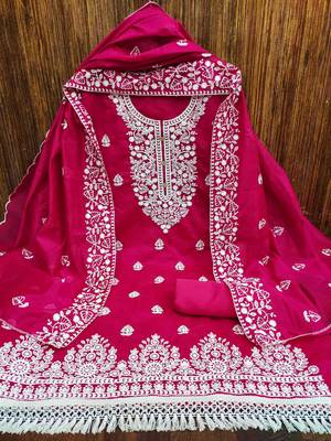 Women's magenta embroidered dress material 3