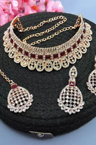 Maroon designer function wear ad necklace set