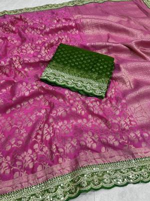Rani Pink Color Heavy Chinon Silk Traditional Saree 1