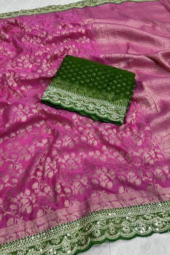 Rani Pink Color Heavy Chinon Silk Traditional Saree