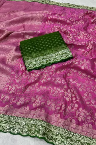 Rani Pink Color Heavy Chinon Silk Traditional Saree