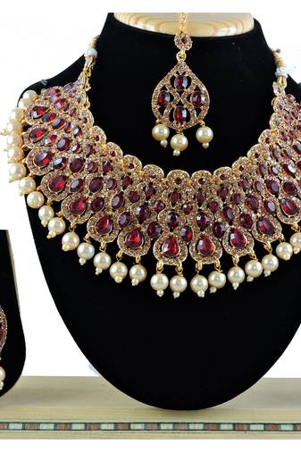 Maroon designer function wear ad necklace set
