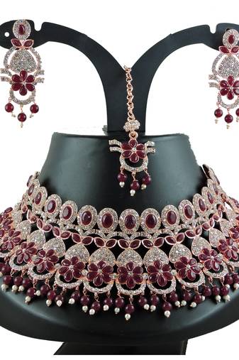 Maroon designer function wear ad necklace set
