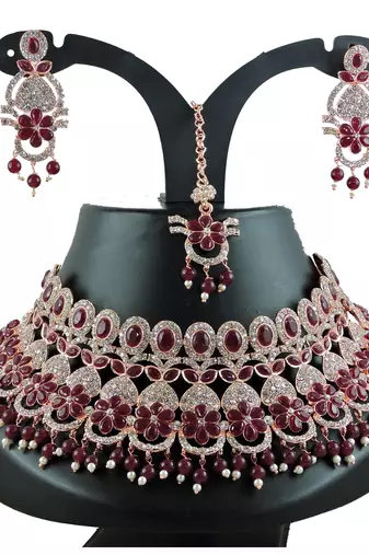 Maroon designer function wear ad necklace set