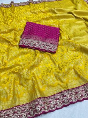 Yellow Color Heavy Chinon Silk Traditional Saree 1