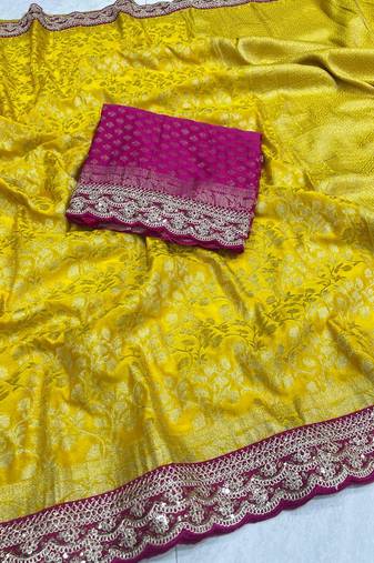 Yellow Color Heavy Chinon Silk Traditional Saree