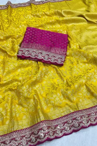 Yellow Color Heavy Chinon Silk Traditional Saree