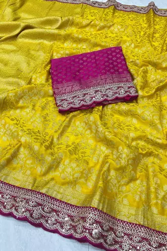 Yellow Color Heavy Chinon Silk Traditional Saree